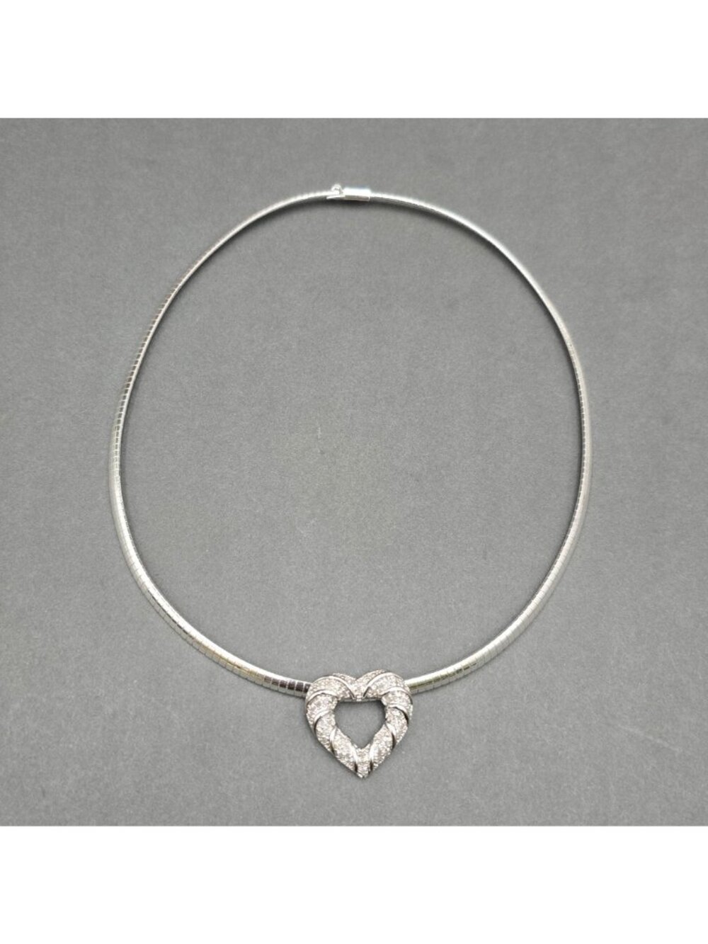 Sterling Silver Omega Chain Choker White Diamond Heart Pendant Necklace - Picture 2 of 16